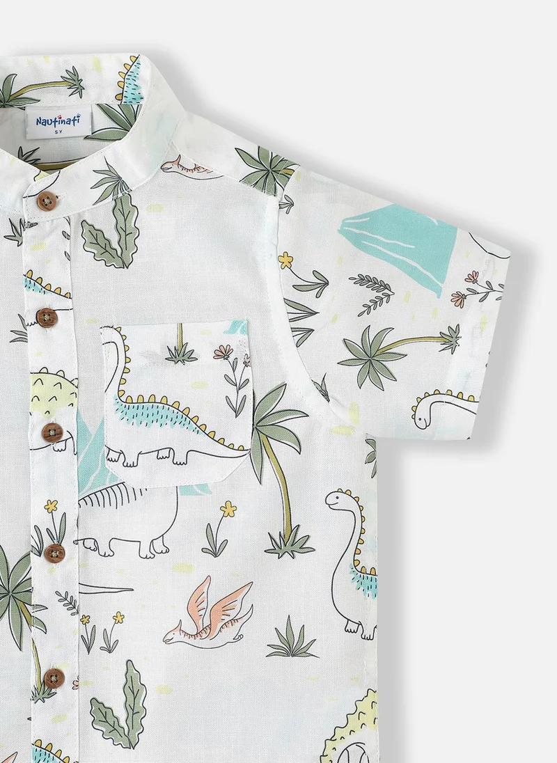 Nautinati  Boys' Cotton-Linen Blend All-over Dino Print Shirt & Shorts Co-ord Set for Men | Best Price UAE